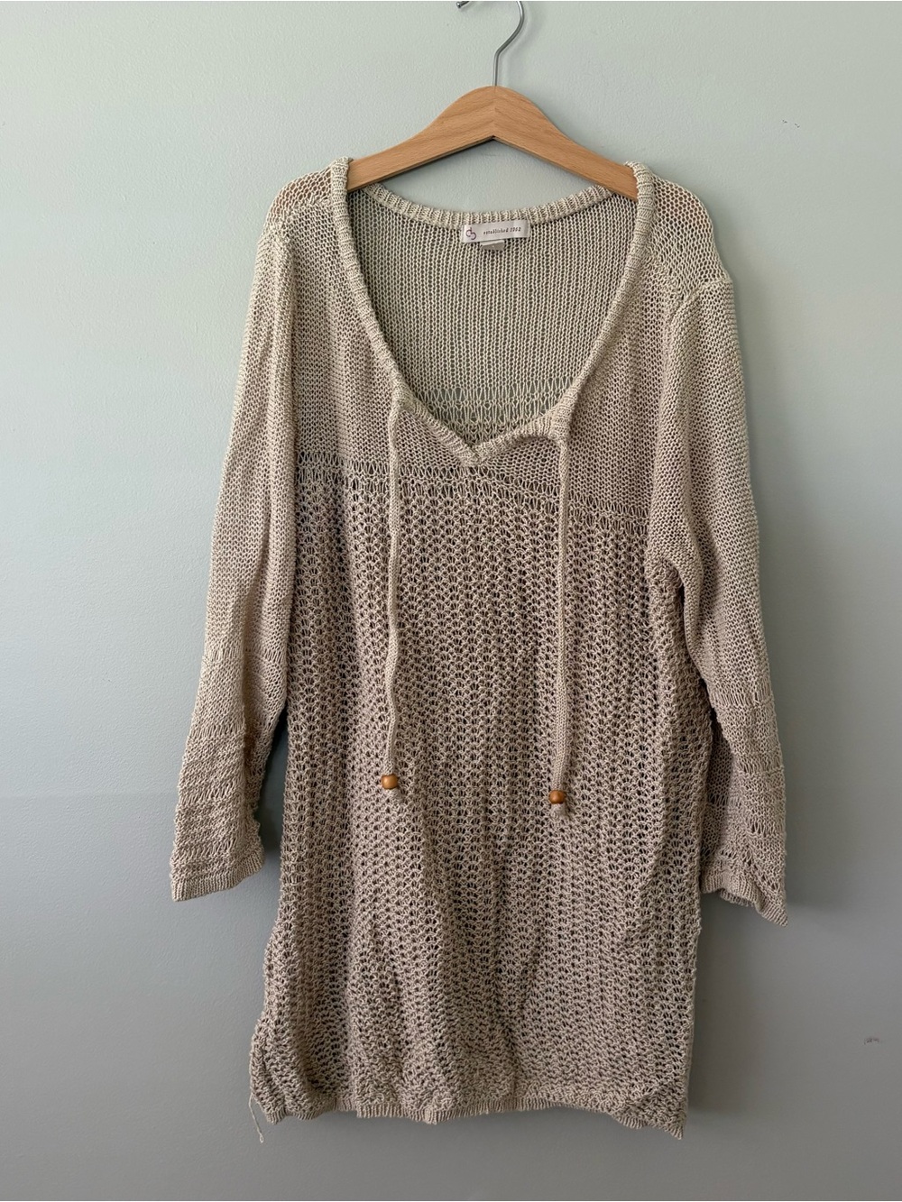 Light Beige Knit Swim Coverup Tunic with Drawstring